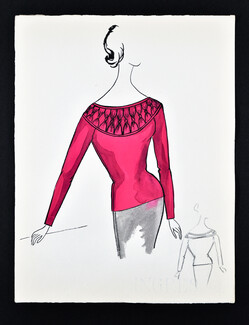 Bassia 1960 Original Fashion Drawing, Fuchsia Knitwear