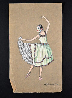 A. Moussette 1926 Ballerina, Original Fashion Drawing, Gouache on thin tracing paper
