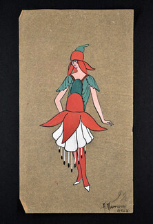 A. Moussette 1926 Original Costume Design, Carnival Costume, Gouache on thin tracing paper