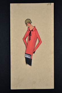 J. Mouraud 1920's Original Fashion Drawing, Gouache, Model n°1539