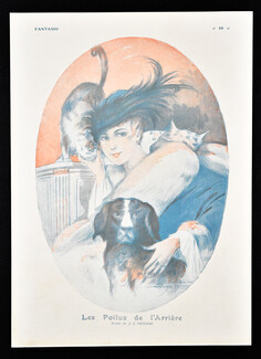 Les Poilus de l'Arrière, 1916 - Julien-Jacques Leclerc Elegant Parisienne with Pets, Cat, Dog, Fox Fur
