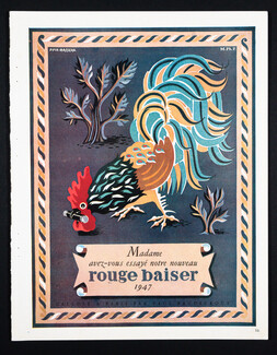 Rouge Baiser 1947 Fix-Masseau, Cockerel, Rooster, Lipstick