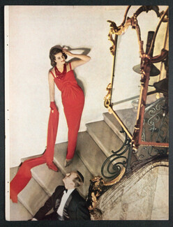 Christian Dior 1959 Dress from Paris, Red Evening Dress, Stairs, Photo Henry Clarke
