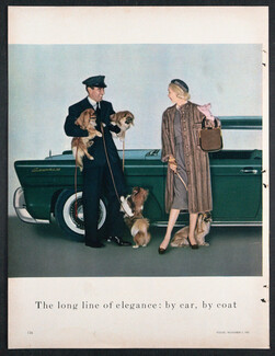 The Long Line of Elegance 1957 Fur Coat, Pekingese Dogs, Continental III Car