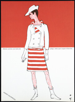 Le Style Courrèges 1965 René Gruau, Jupe zébrée rouge et blanche