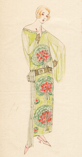 Original Fashion Drawing circa 1925 Ink and colored pencil