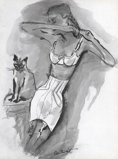 Scandale 1955 Gaine Avant-Garde, Cat, Irwin Crosthwait Fashion Illustration