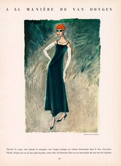 Givenchy 1956 Tunique en velours, Dagand à la manière de Van Dongen, Fashion Illustration