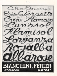 Bianchini Férier (Fabric) 1938 Charmeuse, Crêpe Georgette, Lunasol, Flamisol, Lorganza, Rosalba, Albarose