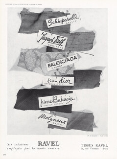 Tissus Ravel 1950 Labels from Schiaparelli, Jacques Fath, Balenciaga, Christian Dior, Pierre Balmain, Molyneux