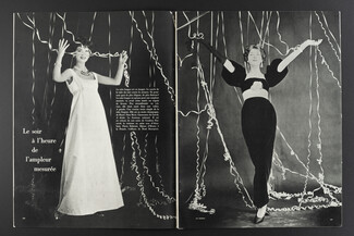 Le soir à l'heure de l'ampleur mesurée, 1958 - Photos Guy Bourdin, Nina Ricci, Pierre Balmain, Maggy Rouff, Chanel, 4 pages