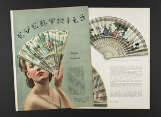 Éventails, Collection Duvelleroy 1938 Fans, Maurice Leloir, Embroidered, Painted, Feathers of ostrich, peacock... Article 8 pages, Text Albert Flament, 8 pages