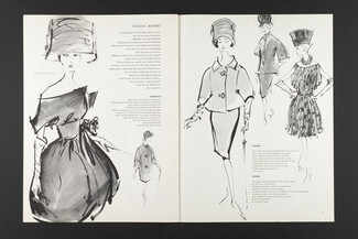 Italian Report, 1960 - Irwin Crosthwait, Capucci, De Barentzen, Fontana, Simonetta, Fabiani, Carosa, Fashion Illustration, 6 pages