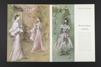 Porcelain figurine or ballerina, 1947 - Christian Dior (two views), Balenciaga, Lila de Nobili Fashion Illustration