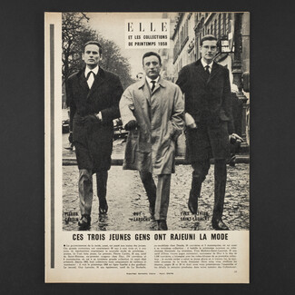 Ces trois jeunes ont rajeuni la mode, 1958 - Pierre Cardin, Guy Laroche, Yves Mathieu Saint-Laurent, Brigitte, L'Illustre Théâtre, Photos Henri Elwing, 3 pages