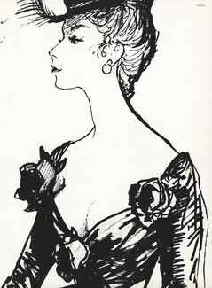 Christian Dior 1957 René Bouché, Décolleté souligné de trois roses noires, Lajoinie