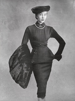 Christian Dior 1950 Grandes poches obliques, Robe en lainage, Photo Irving Penn