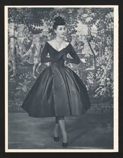 Christian Dior 1955 L'ample jupe se boutonne devant, Photo Georges Saad