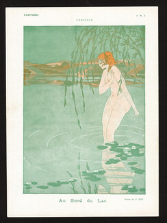 Canicule - Au bord du Lac, 1916 - F. Roy, Nude Bathing Beauty In Lake