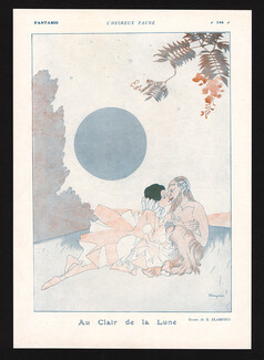 Au Clair de la Lune - L'Heureux Faune, 1916 - Woman Dressed As Pierrot, Faun, Moonlight, Blampied