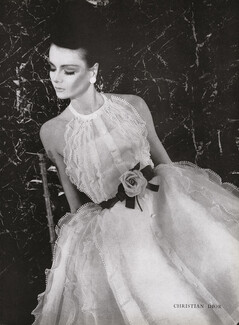 Christian Dior 1963 White Lace Dress, Rose Belt