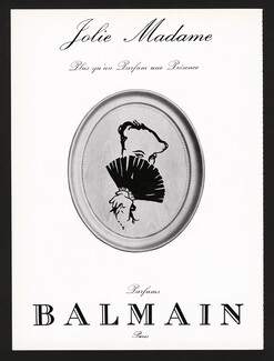 Pierre Balmain (Perfumes) 1963 Jolie Madame, hand fan, René Gruau