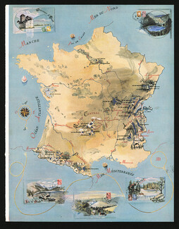 Lacs de France 1946 Map of France, Lakes, Evian, Gerardmer, Saint Point, Chalain, Lac de Gaube, Marcel Bouissou