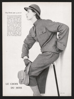 Hermès (Couture) 1953 Ensemble en tweed, Sac et canne-siège d'Hermès, Photo Henry Clarke