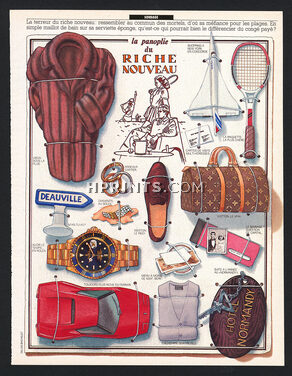 La Panoplie du Riche Nouveau 1987 Rolex, Ferrari, Louis Vuitton, Concorde, Cartier, Deauville... Illustration Gilles Bachelet