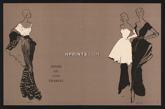 Jacques Fath, Bruyère, Christian Dior 1948 Evening Gown Fashion Illustration, Gruau