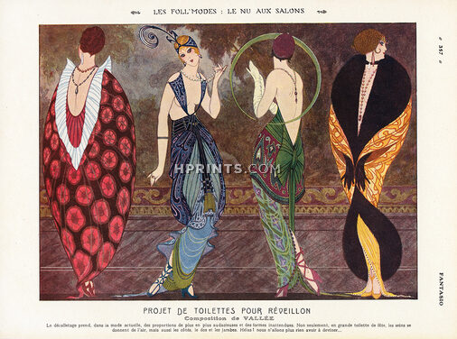 Les Foll'modes - Le Nu aux Salons, 1913 - Armand Vallée, Evening Gowns Fashion Satire, Art Deco
