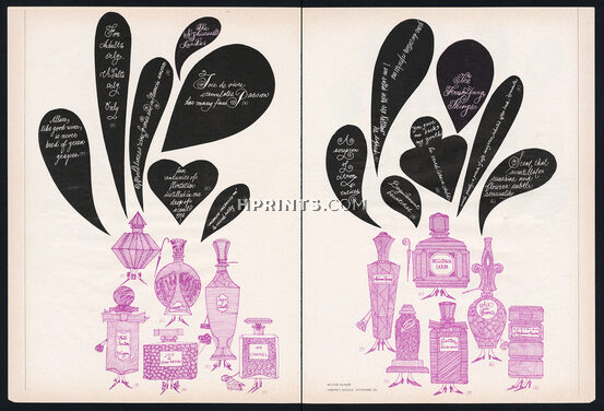 Perfumes by Milton Glaser 1961 Joy, Jean D'albret, Chanel, Bellodgia, Houbigant, Back: Magie, Weil, Jolie Madame, Quadrille, Coty, Shalimar, Givenchy, D'orsay, Dana... 4 pages