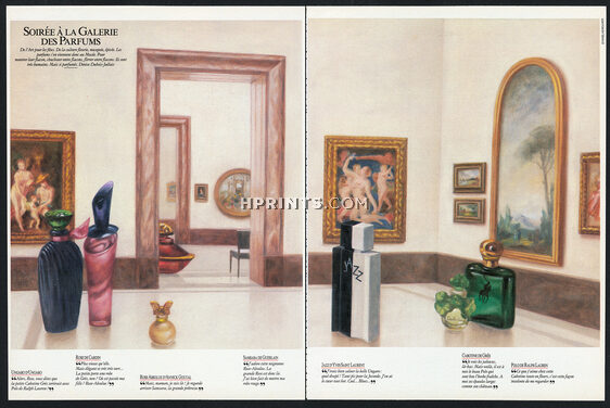 Soirée à la Galerie des Parfums, 1990 - Ungaro, Cardin, Annick Goutal, Yves Saint Laurent, Grès, Ralph Lauren, Paco Rabanne, Givenchy, Lancôme, Marcel Rochas, Chanel, Illustration Stanislas Bouvier, 4 pages