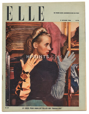 ELLE N°47 du 8 Octobre 1946 Hermès Gants, Monique Arnaud (model), Pierre Balmain