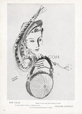 Rose Valois (Millinery) 1949 Feathers Hat, Pierre Pagès, Violette Cornille Handbag