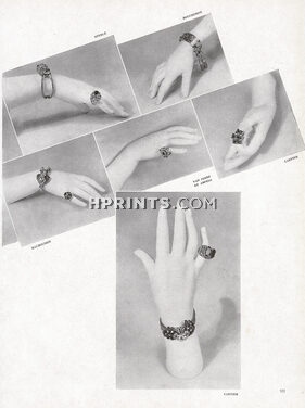 Le Style Oriental des Bijoux Nouveaux (p.3), 1948 - Sterlé, Boucheron, Mauboussin, Van Cleef & Arpels, Cartier (x2), back: Herz-Belperron...