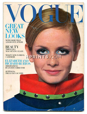 UK Vogue British Magazine 1967 October 15, Twiggy, Cover by Traeger, Givenchy, Chanel, Richard Burton and Elizabeth Taylor, Brigitte Bardot