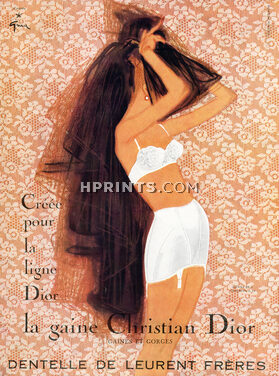 Christian Dior (Lingerie) 1958 Girdle, Bra, René Gruau (Version B) Ceinture D25, Dentelle Leurent Frères