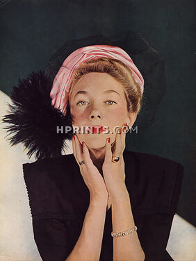 Gilbert Orcel (Millinery) 1946 Toque de satin rose, Paradis noirs, tulle léger, Photo Eugène Rubin