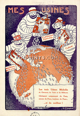 Michelin 1914 - 92ème tableau, Clermont Ferrand, Milltown & Turin, "Mes usines" Factory, Bibendum