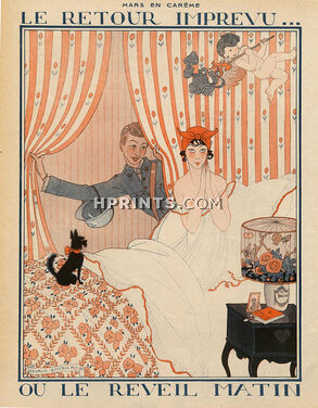 George Barbier 1918 ''Le Retour Imprévu...'' Babydoll Sexy Looking Girl in Bed