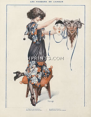 Hérouard 1919 Carnival Masks... Pierrot & Faun...Puppeteer, Puppet Marionette