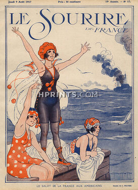 Peltier 1917 "Le Salut de la France aux Americains" Bathing Beauty, "Statue Of Liberty"