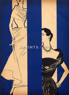 Nettie Rosenstein 1951 Draped Dress, Evening Gown, René Gruau