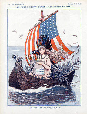 Henry Gerbault 1918 American Flag Message de L'Oncle Sam Marianne Parrot Monkey