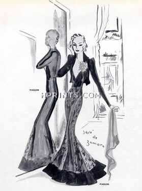 Paquin 1937 Evening Gown Black Lace, Fashion Illustration, José de Zamora