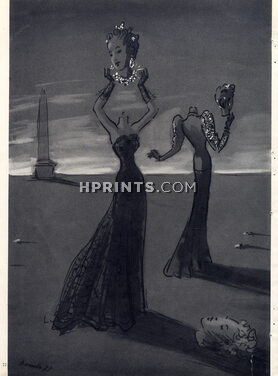 Eduardo Garcia Benito 1938 Chanel & Schiaparelli, lace black evening gown