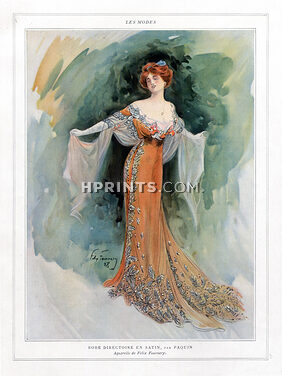 Paquin 1908 Evening Gown, Fashion Illustration, Félix Fournery, Art Nouveau Style