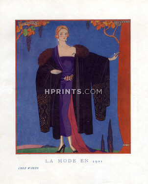 Worth 1921 George Barbier, Evening Gown, Fashion Illustration, Art Deco Style