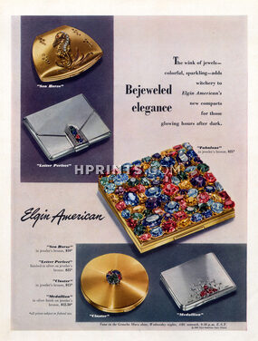 Elgin American 1947 Compacts, Sea Horse, Letter Perfect, Fabulous, Cluster, Medallion